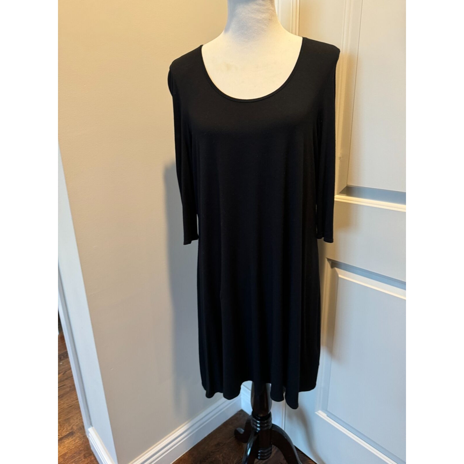 Eileen Fisher Black Jersey Elbow Sleeve Short Swing Tunic Sz L